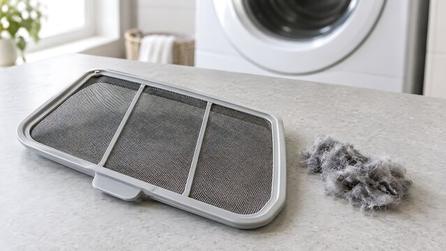 Close-up of a dryer lint filter removed for cleaning with a large pile of grey lint on a stone countertop in a bright laundry room, representing regular household appliance maintenance and safety.