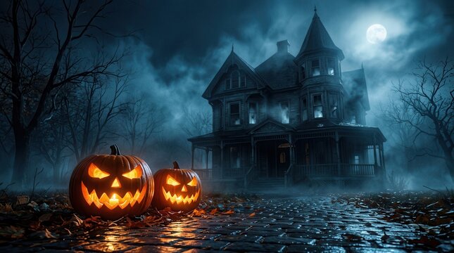 Spooky haunted house at night with glowing jackolanterns on a cobblestone path under a full moon