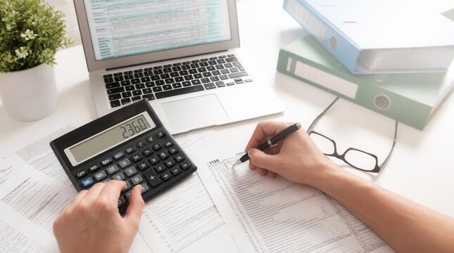 A person is diligently working with numbers, using a calculator and pen on documents alongside a laptop and accounting books, signifying financial analysis and record-keeping
