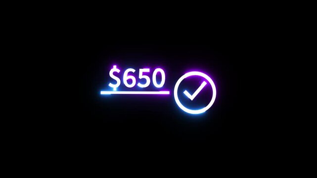Neon dollar sign financial price tag with checkmark symbol for payment success web graphics