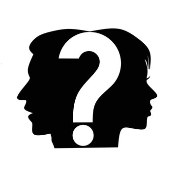 Man woman guess who with question mark silhouette image,man woman with question mark silhouette vector, silhouette guess who with question mark image,aguess who man woman question mark black image 