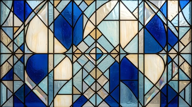 Geometric Stained Glass Window Panel with Blue and White Abstract Patterns