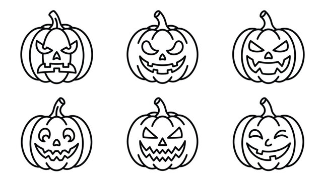 Halloween pumpkins collection with scary and funny faces illustrated in simple black and white line art
