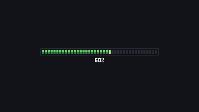 Minimal pixel-art loading bar animation with sequential pixel activation, percentage progress, a 100 percent completion state, and a seamless reset loop. Suitable for games, applications, interfaces,