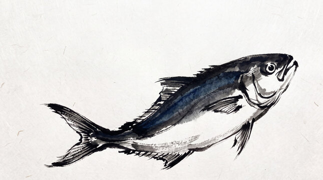 Japanese calligraphy and ink sketch illustration of yellowtail fish and natural motifs with white background