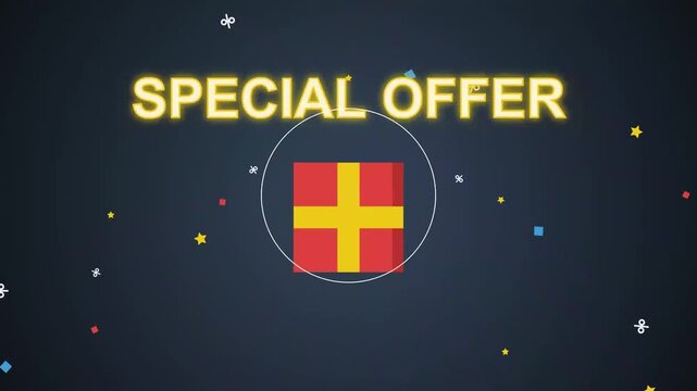 Animated special offer promotion with red gift box on dark background