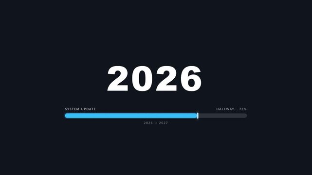 Premium 2D motion graphics animation of a loading bar progressing towards 100%, causing the year 2026 to visually morph into 2027. Features geometric segment shifts, completion sweeps, and a seamless