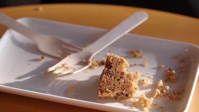 Close up of leftover piece of carrot cake with wooden fork on white plate at cafe table with warm sunlight