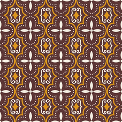 Seamless brown and gold geometric pattern Traditional dotted floral motif design for vintage wallpaper batik textile packaging and ethnic backdrop    © Natthita