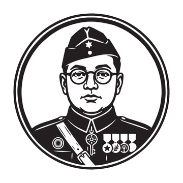 Netaji Subhas Chandra Bose Black and White Round Emblem Illustration