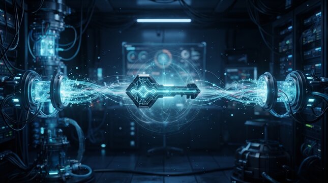 Quantum cryptography key connected to luminous data nodes, representing secure communication, encryption technology, quantum computing and next-generation cybersecurity.