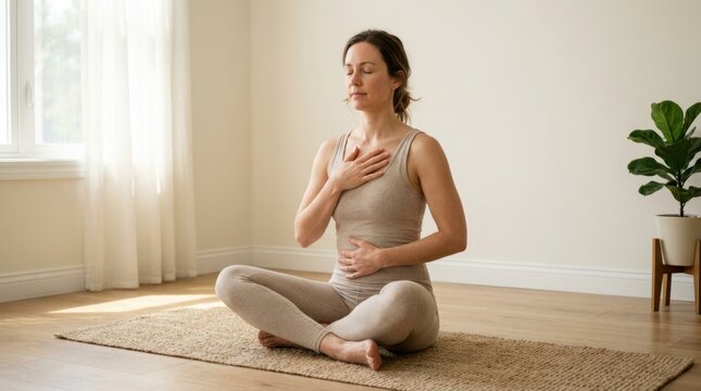 Calm woman sitting cross legged on a yoga mat with eyes closed, hands on chest and abdomen, meditating in a bright minimalist room with window light, creating a peaceful home wellness scene