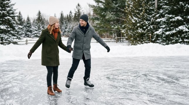 Smiling couple ice skating hand in hand on a frozen outdoor rink in winter forest scenery, wearing warm coats and knit hats, enjoying a romantic active day together in the snow for advertising and edi