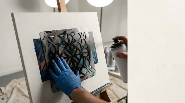 Artist applying black spray paint through a decorative geometric stencil onto white canvas on an easel inside a bright creative studio workspace for modern street art or creative design project