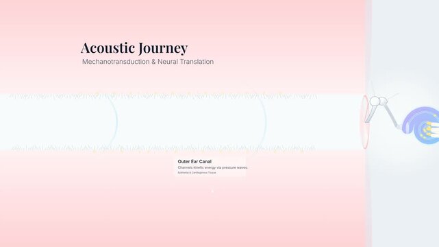 Educational animation of the acoustic journey illustrating mechanotransduction and neural translation, showing sound waves traveling through the outer, middle, and inner ear to the cranial nerve
