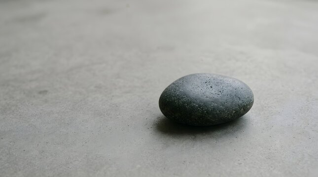 Minimalist single smooth dark grey stone resting on a light textured concrete surface with soft natural lighting and generous negative space for calm zen meditation concept and product background