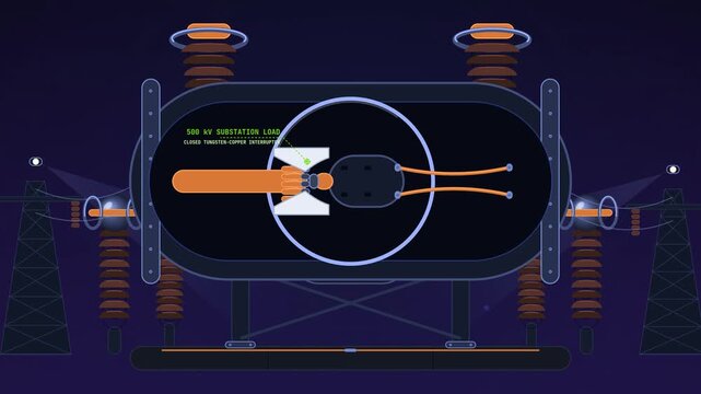 Educational 2D animation explaining the process of sulfur hexafluoride arc quenching in a high voltage substation, showing electric arc flash, electron cascade, and gas injection