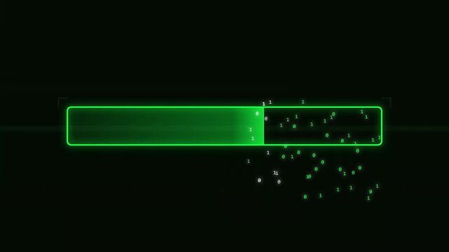 Green neon loading bar animation with glowing digital particles