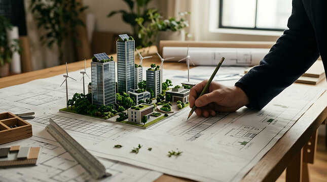Architect designing a sustainable green city model on blueprint plans