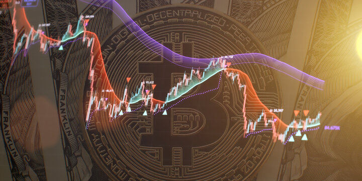 Abstract digital crypto market chart overlay on Bitcoin and fiat dollar background showing financial volatility