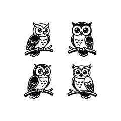Fototapeta premium Four Cute Cartoon Owls Perched on Branches.