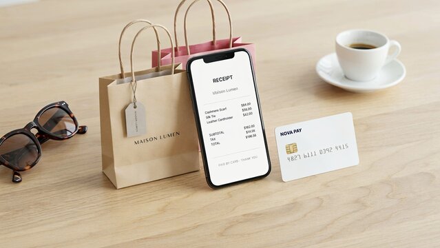 Shopping Bag, Smartphone, and Credit Card on Wooden Surface. Modern Retail Concept, Digital Payment Illustration