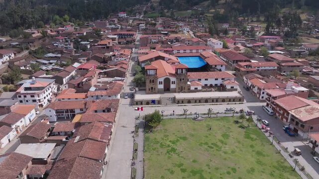Aerial view of the town of Chacas; a drone pans across to show the town.