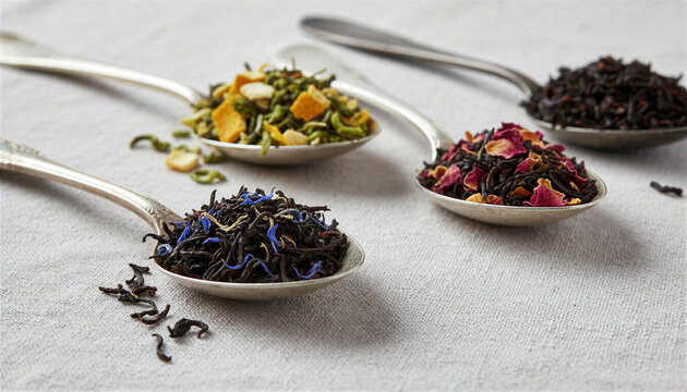 Four silver spoons filled with assorted loose leaf tea blends