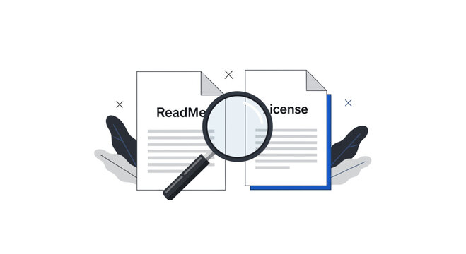 Magnifying Glass over ReadMe and License Document Illustration