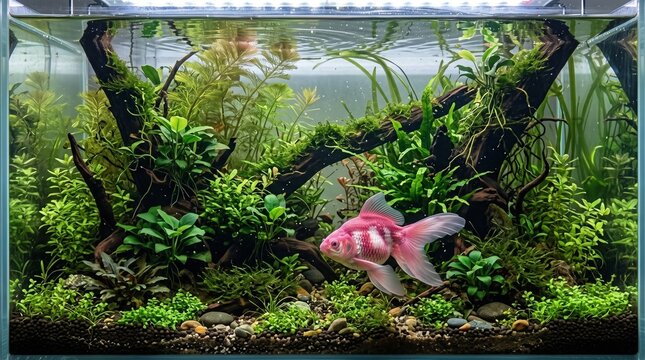 Beautiful pink and white ornamental goldfish swimming in a lush planted aquascape aquarium with aquatic plants, moss, driftwood and natural stones