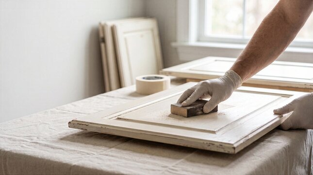 Sanding cabinet door for repainting and refinishing