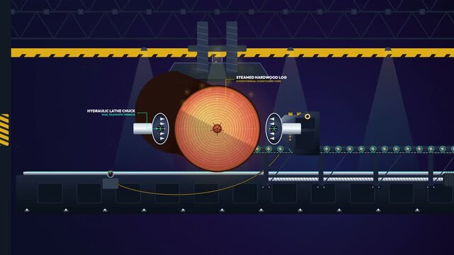 2D animated diagram of a rotary veneer peeling process, showing a steamed hardwood log rotated by a hydraulic lathe chuck and peeled by a stationary knife into a continuous plywood ribbon