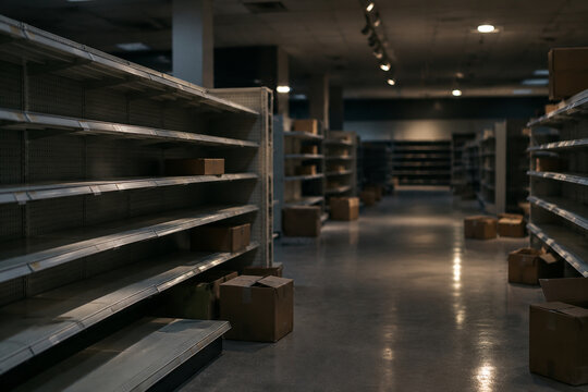 Empty retail shelves with cardboard boxes in closed store, divest and liquidation concept