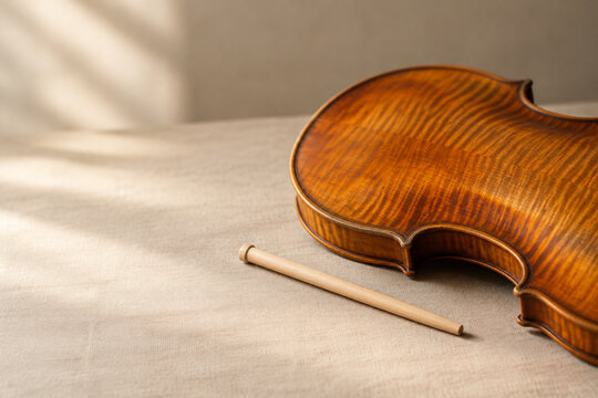 Violin back plate and soundpost on linen, classical music craftsmanship concept