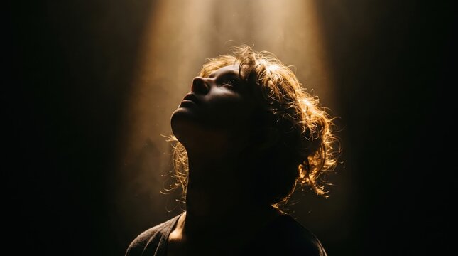 Silhouetted Figure Gazing Upward Into a Warm Vertical Light Beam
