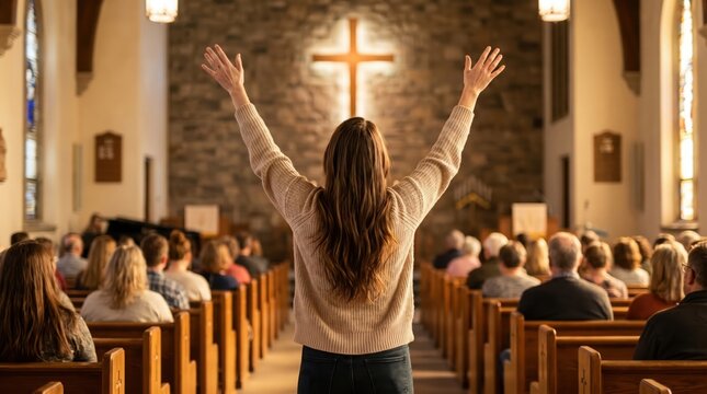 Woman from Behind Raising Both Arms in Worship Inside a Church