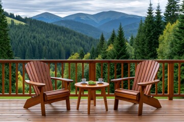Obraz premium Adirondack chairs on wooden deck enjoying mountain view