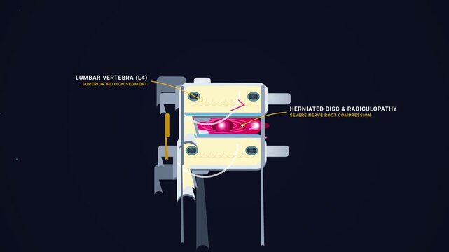 2D animation detailing a spinal fusion surgery using titanium pedicle screws and fixation rod to treat a herniated disc and radiculopathy leading to solid spinal arthrodesis