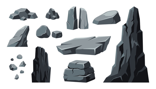 Grey rocks and stone boulders vector element collection featuring mountains cliffs pebbles and geological formations