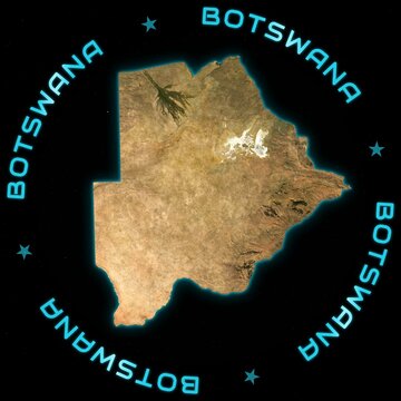 Botswana Satellite Map from Space with Circular Country Title and Cyan Neon Glow. Physical terrain and topographic relief illustration.