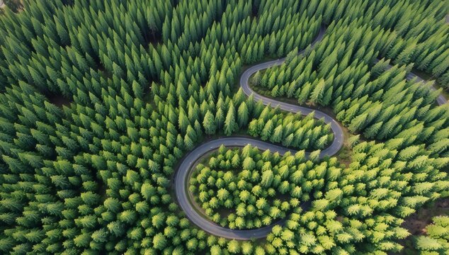 Winding road through dense forest