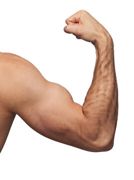 Strong Caucasian man flexing his bicep muscle from back view