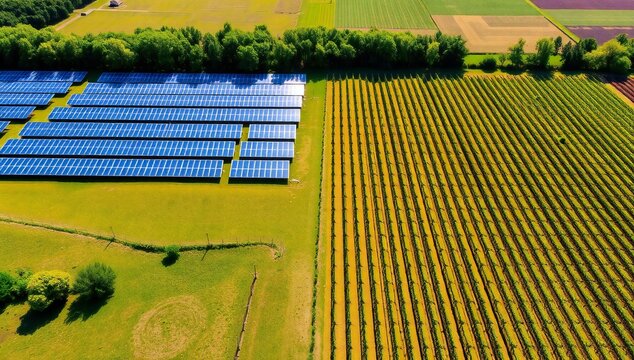 Solar panels adjacent to agricultural fields