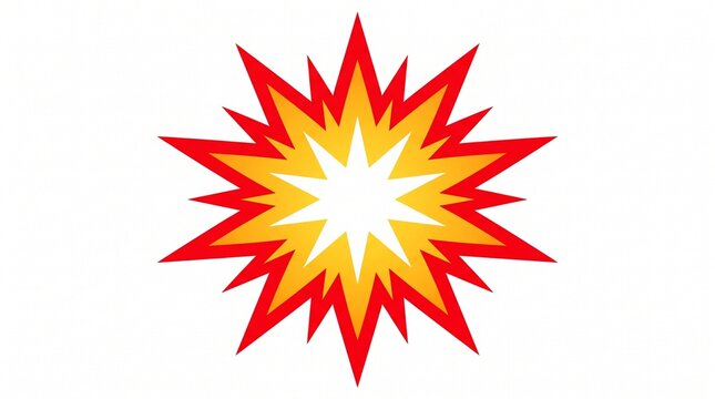 Vibrant comic style explosion burst icon with red and yellow jagged edges on clean white background.