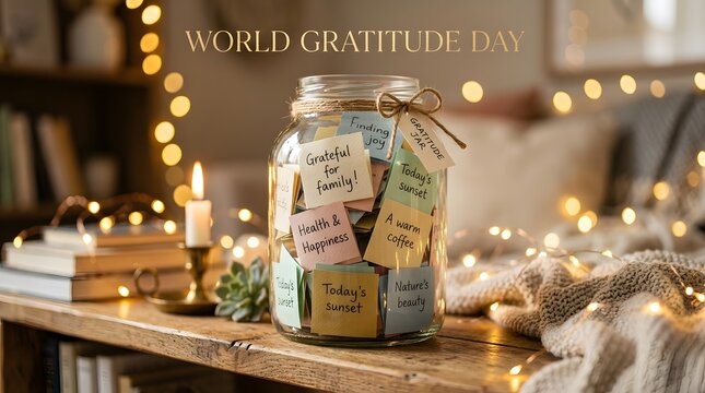 Glass jar filled with handwritten gratitude notes on a cozy wooden desk