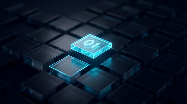 Glowing blue glass tile marked with number one stands out on a dark geometric grid representing digital steps.