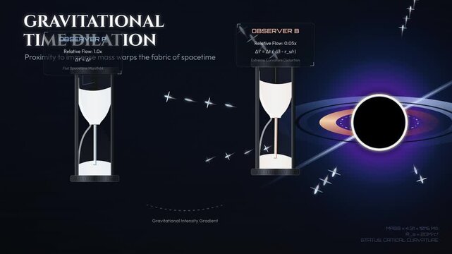 Gravitational time dilation animation showing two hourglasses illustrating how proximity to an immense mass like a black hole warps spacetime curvature and slows relative time flow for an observer