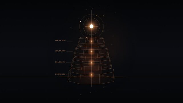Abstract digital rendering of a glowing sphere surrounded by layered geometric structures