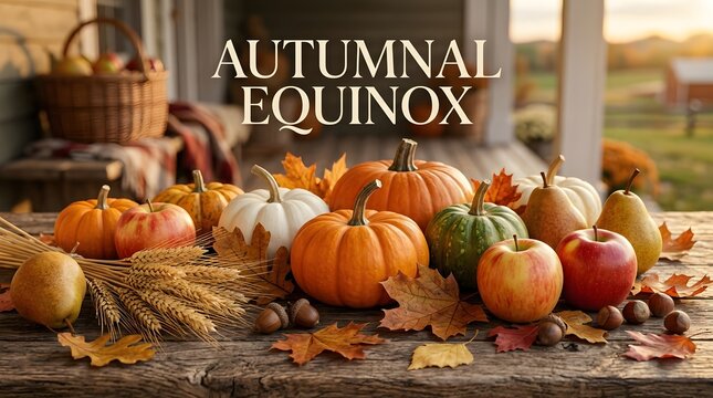 Autumnal equinox harvest bounty with pumpkins apples and autumn leaves