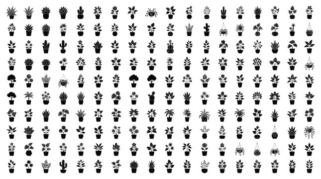Potted plants displayed as a grid of minimalist black icons offer a systematic arrangement suitable for horticultural branding and botanical pattern design applications.